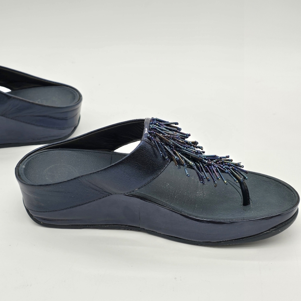 FitFlop Cha Cha Rumba Sandals Sz 8 Blue Leather Beaded Fringe Thong Platform - Picture 8 of 14